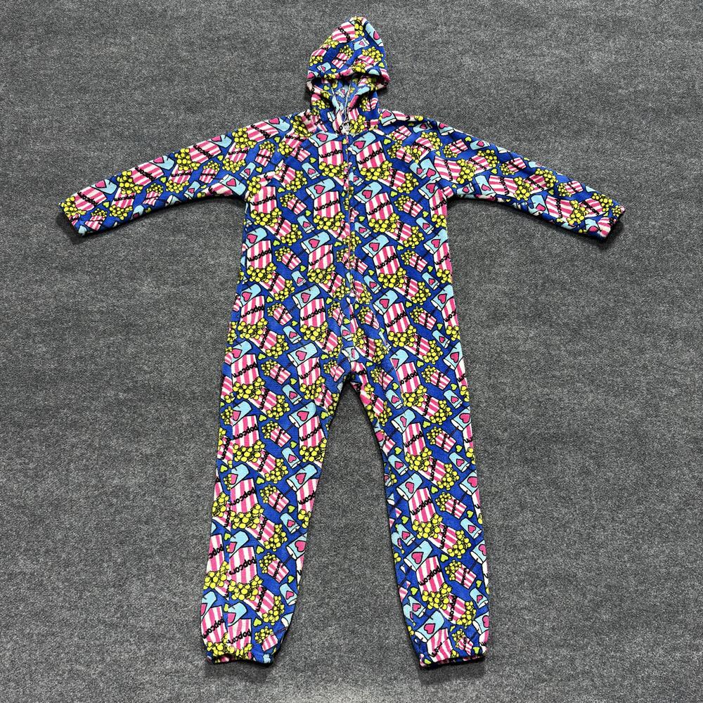 Fuzzies By Confetti Pajamas Girls Large 14/16 Blue Popcorn Hooded One-piece
